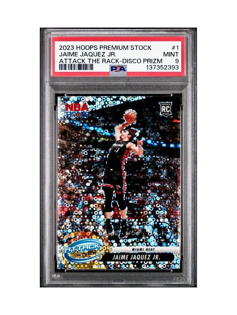 Jaime Jaquez Jr. 2023 Panini Hoops Premium Attack the Rack #1 Disco Prizm PSA 9